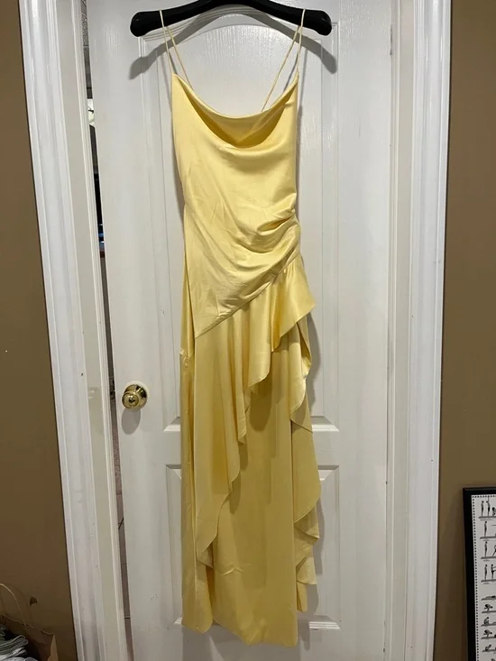 Satin Yellow High-Low Ruffle Evening Gown - Picture 2 of 3